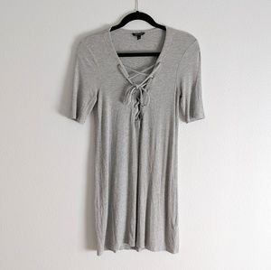 Topshop Gray Ribbed Short Sleeve Lace Up Dress